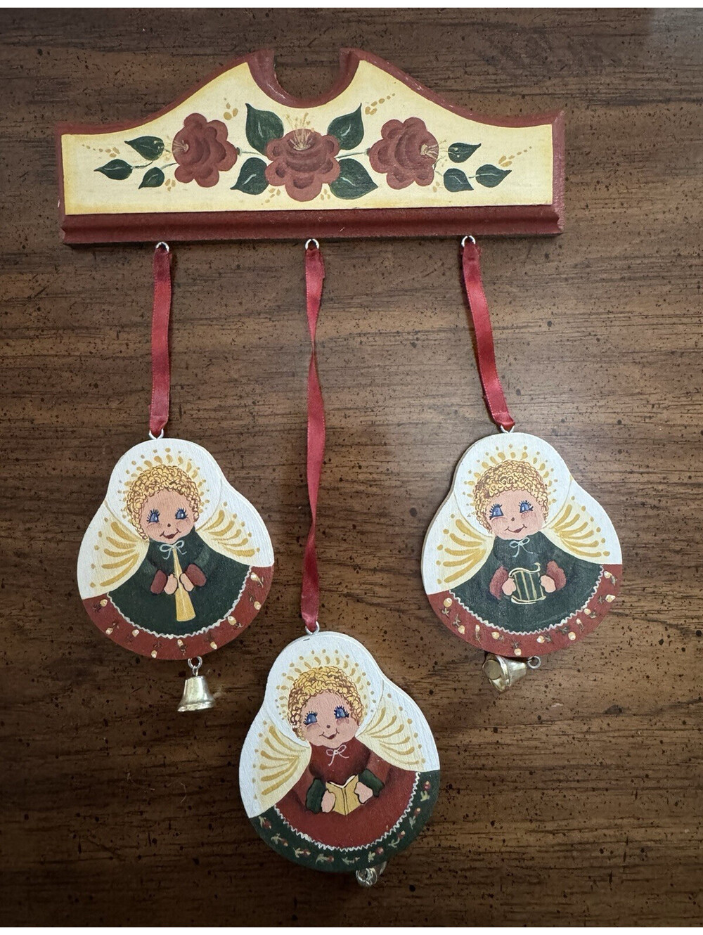 Wood Christmas Angel Wall Plaque Painted Roses 3 Metal Ornaments